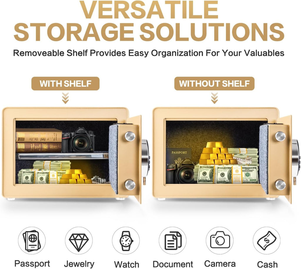 1.0 Cubic Feet Safe Box, Small Safe W/Removable Shelf, Alarm System, Digital Electronic Security Money Box for Cash, Document, Home,Office, Hotel Use, Golden, 9.84"D x 13.78"W x 9.84"H