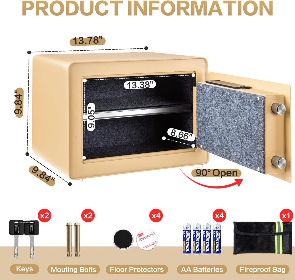 1.0 Cubic Feet Safe Box, Small Safe W/Removable Shelf, Alarm System, Digital Electronic Security Money Box for Cash, Document, Home,Office, Hotel Use, Golden, 9.84"D x 13.78"W x 9.84"H