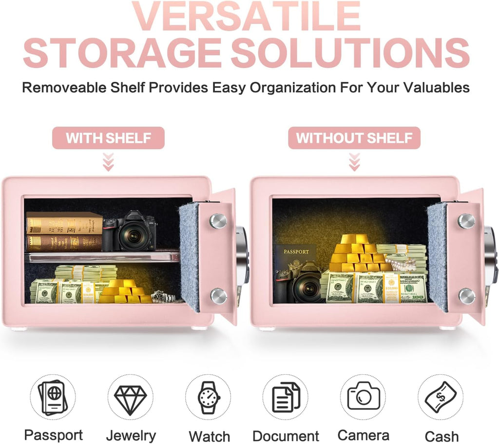 1.0 Cubic Feet Safe Box, Small Safe W/Removable Shelf, Alarm System, Digital Electronic Security Money Box for Cash, Document, Home,Office, Hotel Use, Pink, 9.84"D x 13.78"W x 9.84"H (Copy)