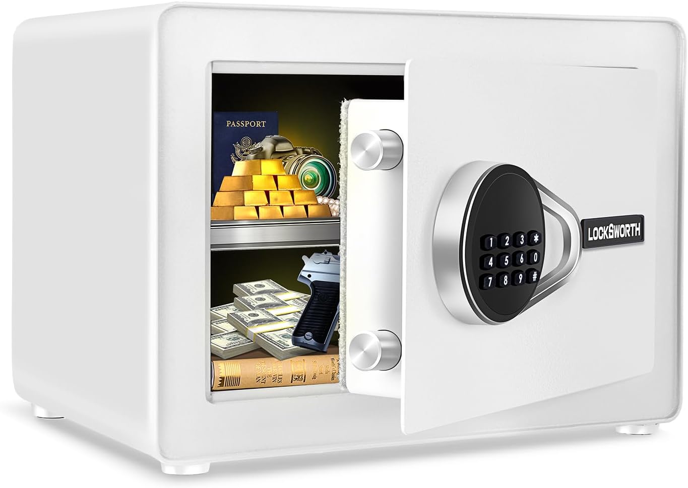 1.0 Cubic Feet Safe Box, Small Safe W/Removable Shelf, Alarm System, Digital Electronic Security Money Box for Cash, Document, Home,Office, Hotel Use, White, 9.84"D x 13.78"W x 9.84"H