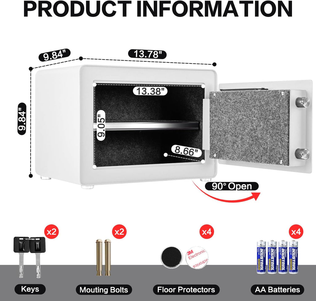 1.0 Cubic Feet Safe Box, Small Safe W/Removable Shelf, Alarm System, Digital Electronic Security Money Box for Cash, Document, Home,Office, Hotel Use, White, 9.84"D x 13.78"W x 9.84"H