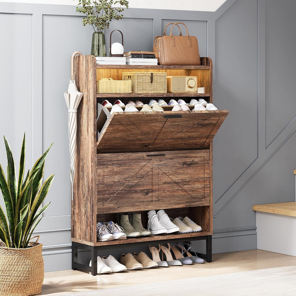 Freestanding Shoe Storage Cabinet for Entryway, Farmhouse Shoe Rack Cabinet with Open Shelf & 2 Flip-Drawer, Metal Legs for Hallway, White