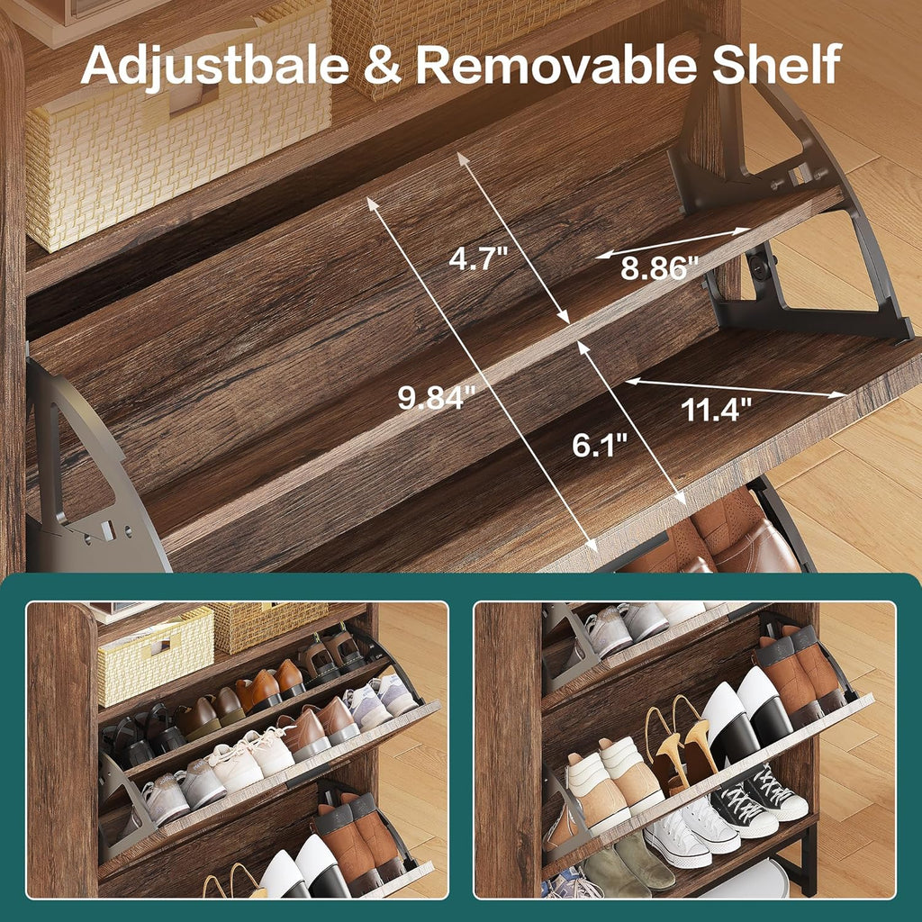 Freestanding Shoe Storage Cabinet for Entryway, Farmhouse Shoe Rack Cabinet with Open Shelf & 2 Flip-Drawer, Metal Legs for Hallway, White