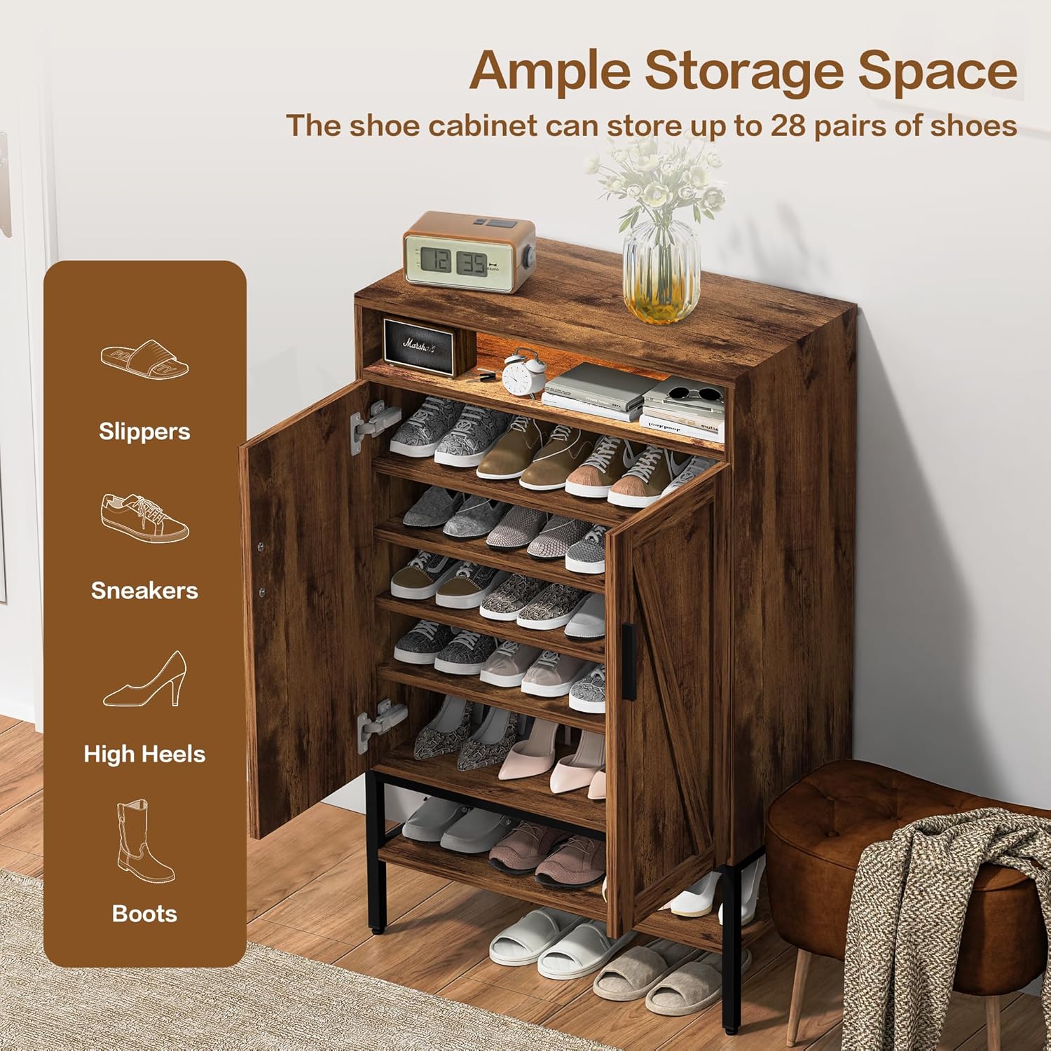7-Tiers Shoe Storage Cabinet for Entryway, Shoe Rack Organizer Cabinet with Doors and Adjustable Shelves Living Room, Bedroom, Hallway, White