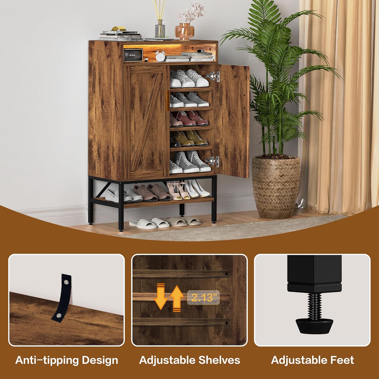 7-Tiers Shoe Storage Cabinet for Entryway, Shoe Rack Organizer Cabinet with Doors and Adjustable Shelves Living Room, Bedroom, Hallway, White