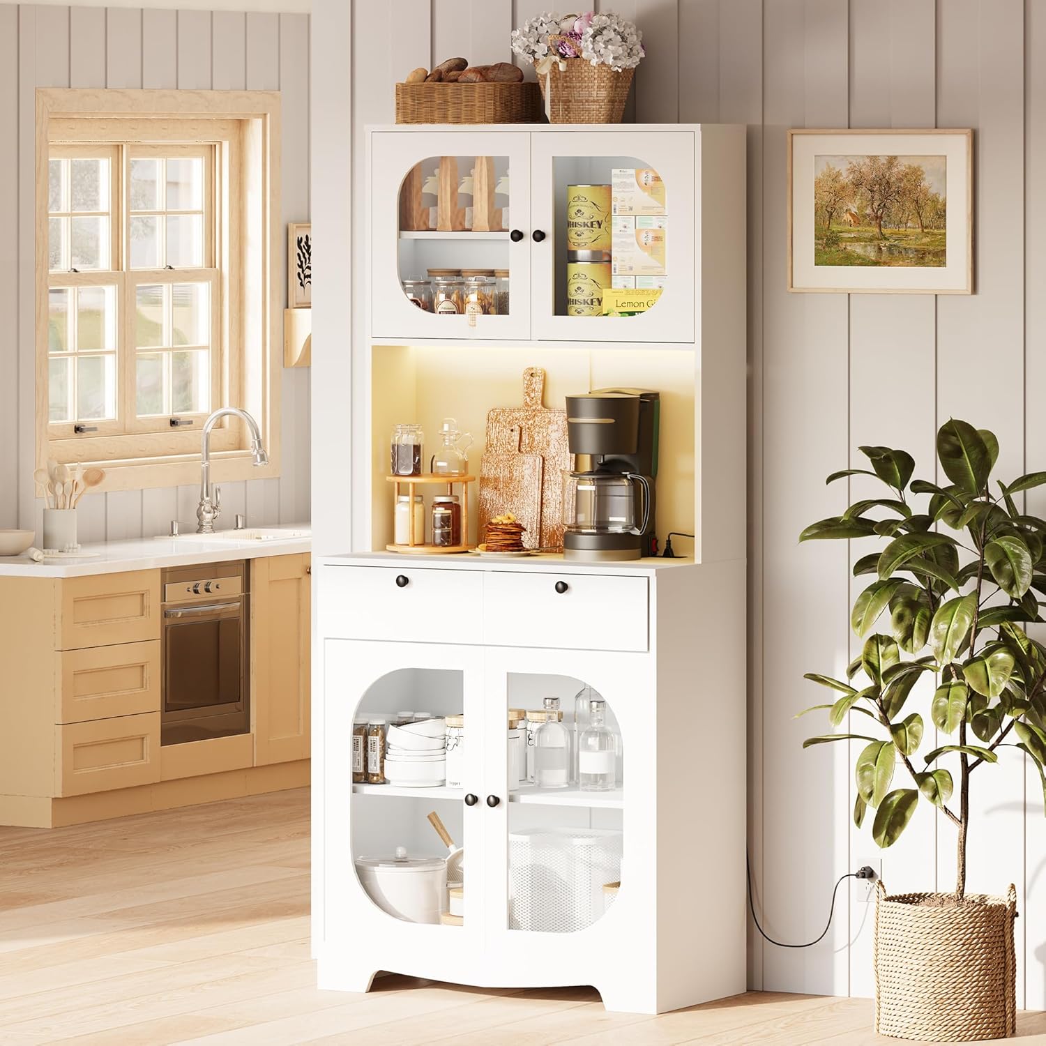 71" Kitchen Pantry Storage Cabinet with Lights and Charging Station, Tall Hutch Cabinet with Storage and Microwave Shelf for Dining Room, White