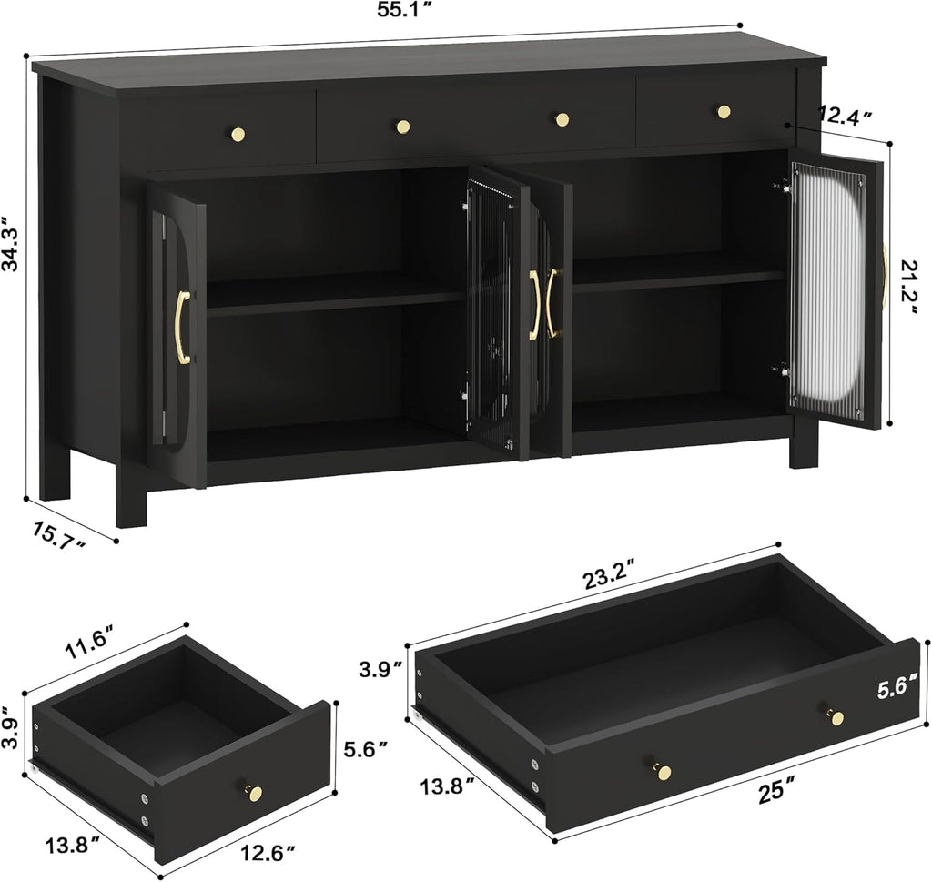 55" Sideboard Buffet Cabinet with Storage, Buffet Table with 3 Drawers and 4 Glass Doors, Kitchen Coffee Bar Cabinet with Adjustable Shelves, White
