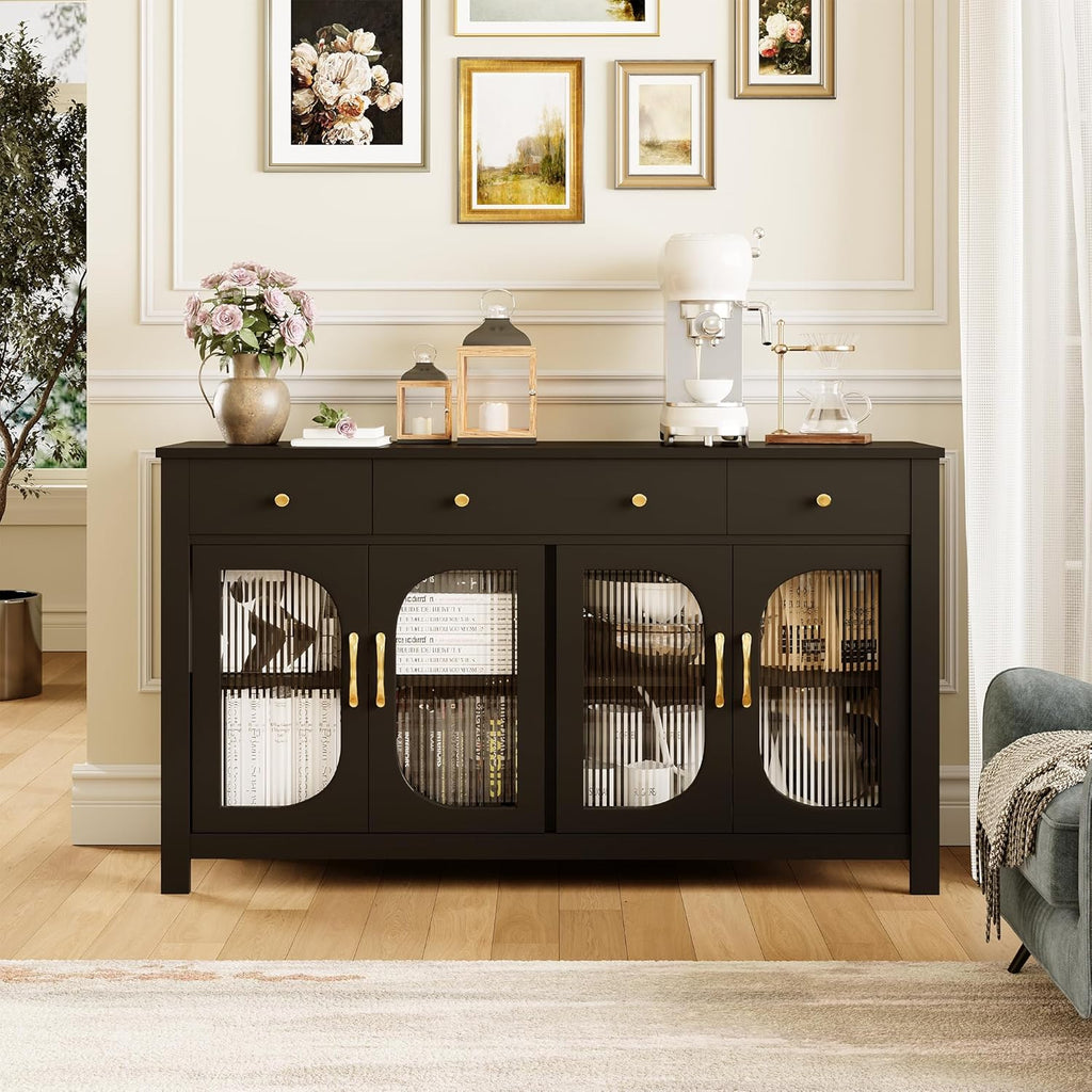 55" Sideboard Buffet Cabinet with Storage, Buffet Table with 3 Drawers and 4 Glass Doors, Kitchen Coffee Bar Cabinet with Adjustable Shelves, White