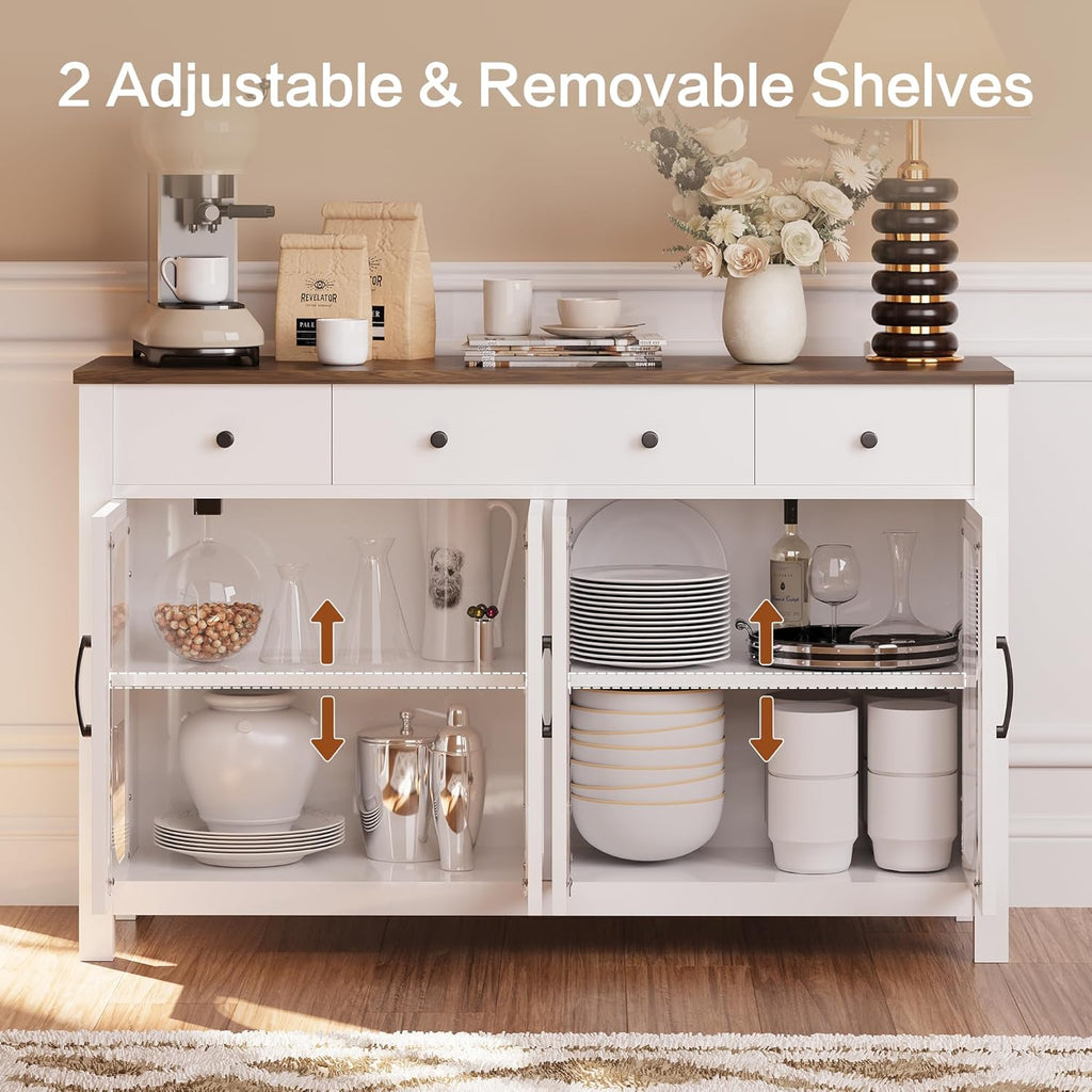 55" Sideboard Buffet Cabinet with Storage, Buffet Table with 3 Drawers and 4 Glass Doors, Kitchen Coffee Bar Cabinet with Adjustable Shelves, White