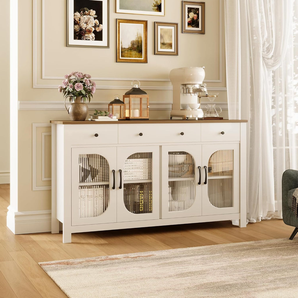 55" Sideboard Buffet Cabinet with Storage, Buffet Table with 3 Drawers and 4 Glass Doors, Kitchen Coffee Bar Cabinet with Adjustable Shelves, White
