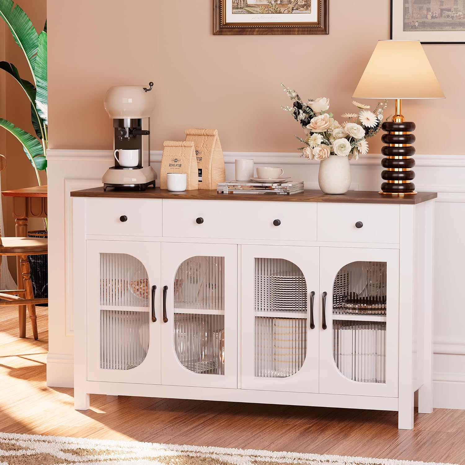 55" Sideboard Buffet Cabinet with Storage, Buffet Table with 3 Drawers and 4 Glass Doors, Kitchen Coffee Bar Cabinet with Adjustable Shelves, White