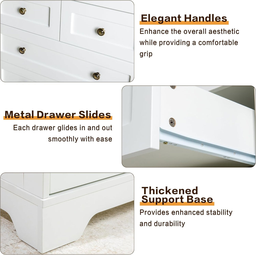 7 Drawers Tall Dressers for Bedroom, 44" Wood Chest of Drawers with Metal Handle, Farmhouse Dresser for Living Room, Hallway, White