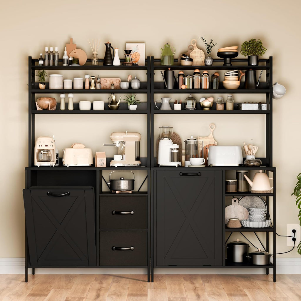 66" Kitchen Bakers Rack with Tilt-Out Trash Cabinet, Tall Coffee Bar Station with Power Outlet, Microwave Stand with Removable Drawers & 6 Hooks, Fits 10-Gallon Bins