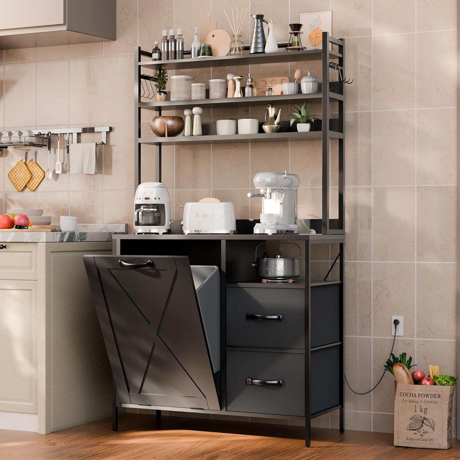 71" Kitchen Pantry Storage Cabinet with Lights and Charging Station, Tall Hutch Cabinet with Storage and Microwave Shelf for Dining Room, White