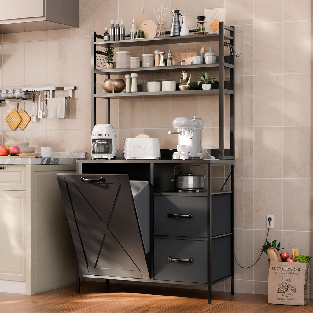 66" Kitchen Bakers Rack with Tilt-Out Trash Cabinet, Tall Coffee Bar Station with Power Outlet, Microwave Stand with Removable Drawers & 6 Hooks, Fits 10-Gallon Bins