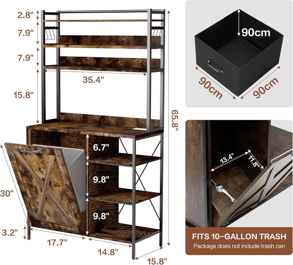 66" Kitchen Bakers Rack with Tilt-Out Trash Cabinet, Tall Coffee Bar Station with Power Outlet, Microwave Stand with Removable Drawers & 6 Hooks, Fits 10-Gallon Bins