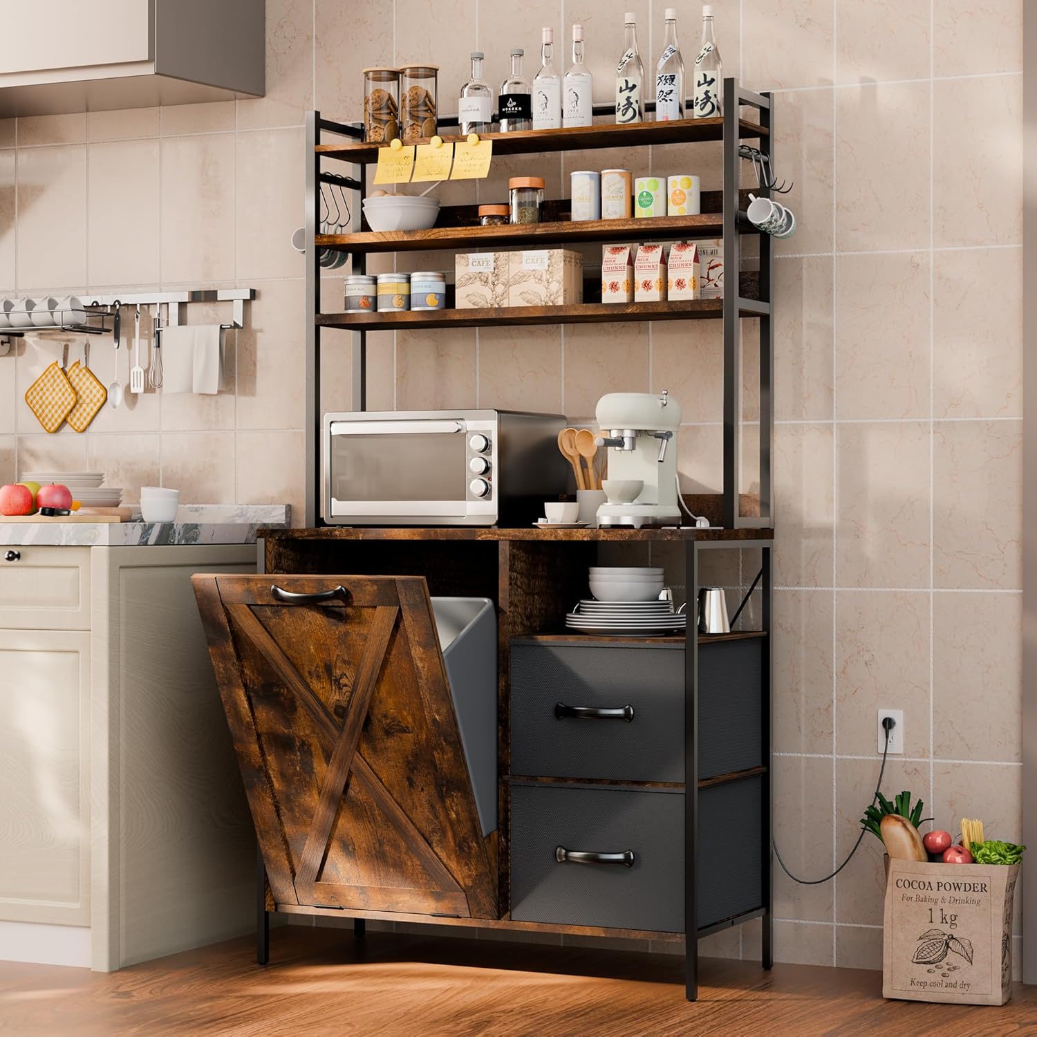66" Kitchen Bakers Rack with Tilt-Out Trash Cabinet, Tall Coffee Bar Station with Power Outlet, Microwave Stand with Removable Drawers & 6 Hooks, Fits 10-Gallon Bins