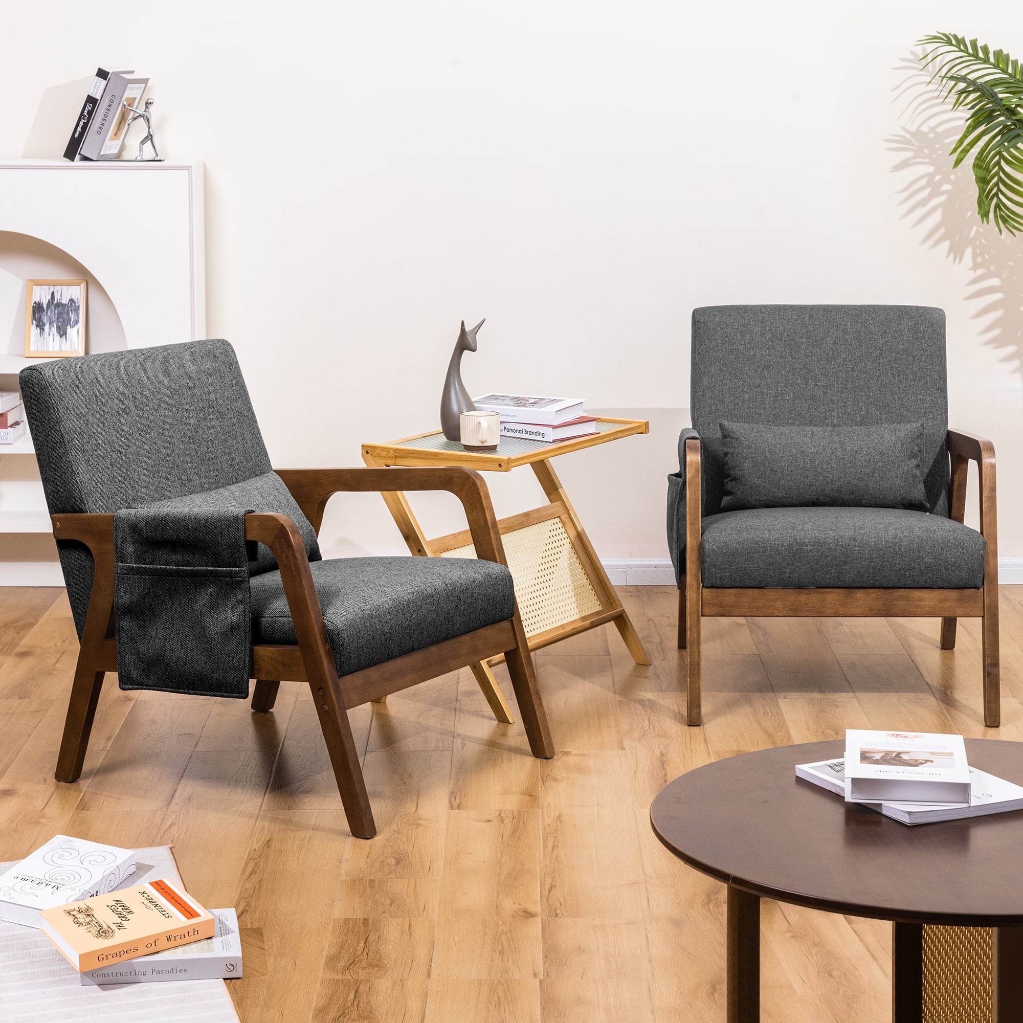 Accent Chairs Set of 2, Mid-Century Modern Chair with Side Pocket, Lounge Armchair with Lumbar Pillow & Solid Wood Frame for Living Room Balcony Bedroom,Gray