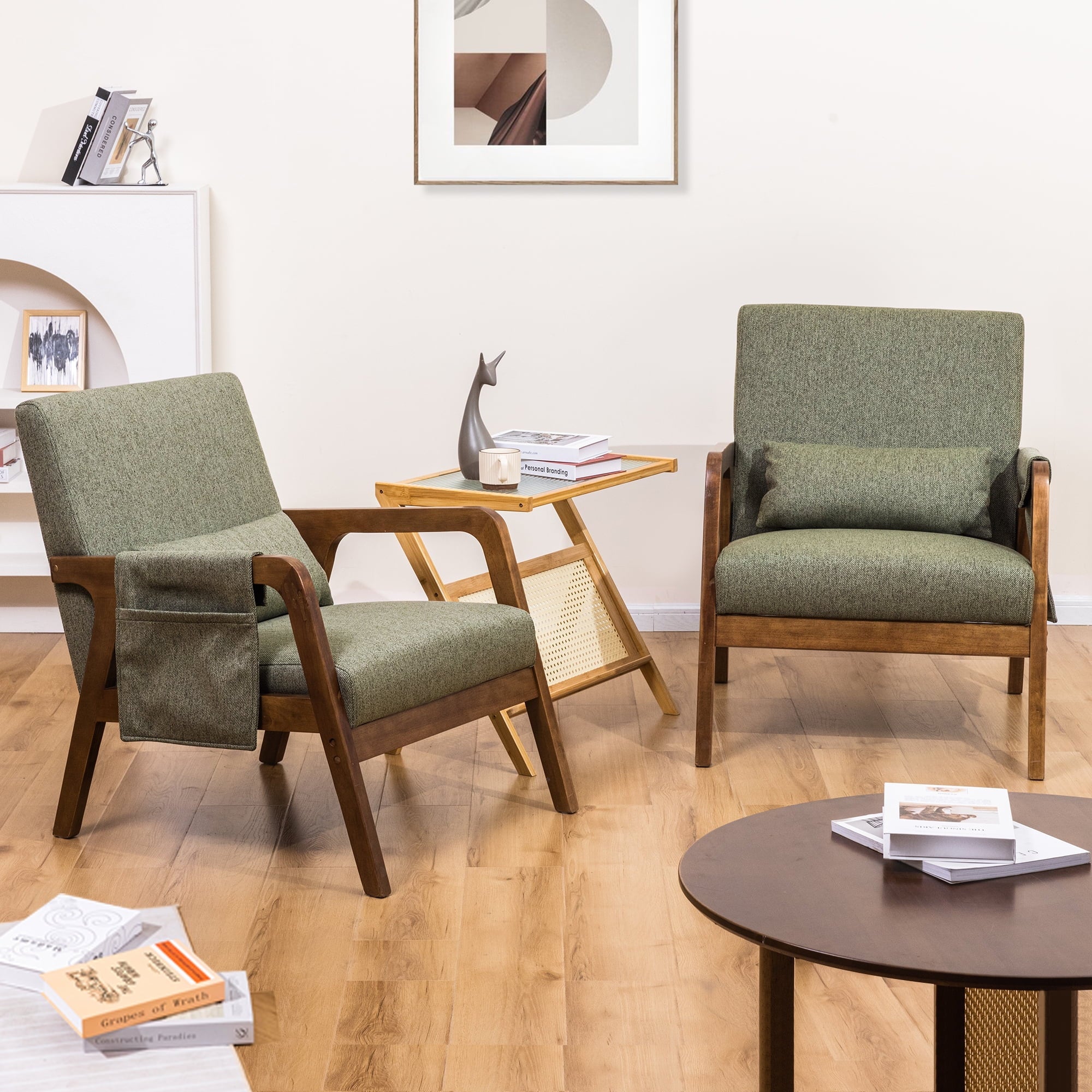 Accent Chairs Set of 2, Mid-Century Modern Chair with Side Pocket, Lounge Armchair with Lumbar Pillow & Solid Wood Frame for Living Room Balcony Bedroom，Green