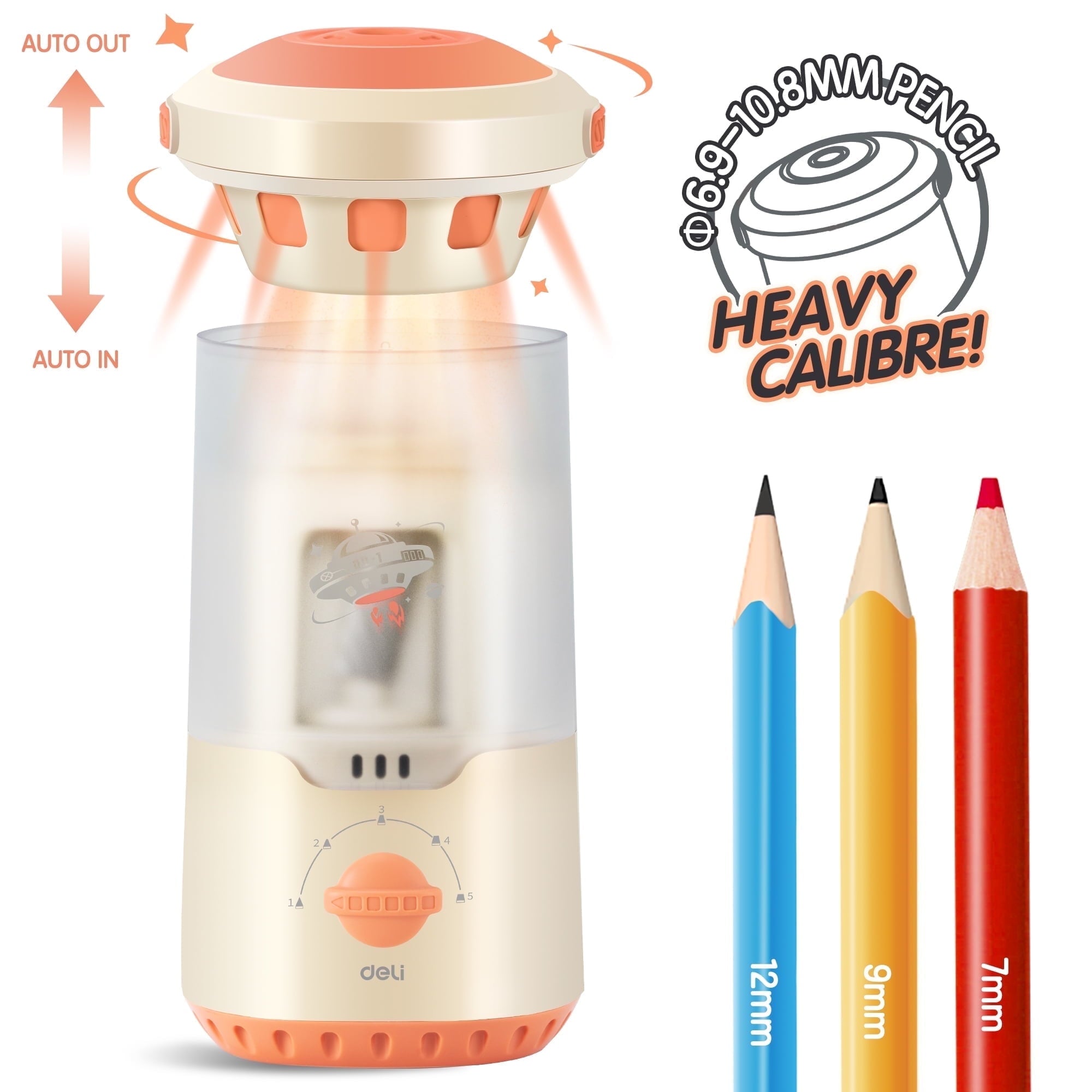 Deli Electric Pencil Sharpener, Fully Automatic Auto in & Out, Rechargeable Hands-Free Pencil Sharpener for 6.9-10.8mm, Home, Classroom, Battery Operate, Spaceship Styling