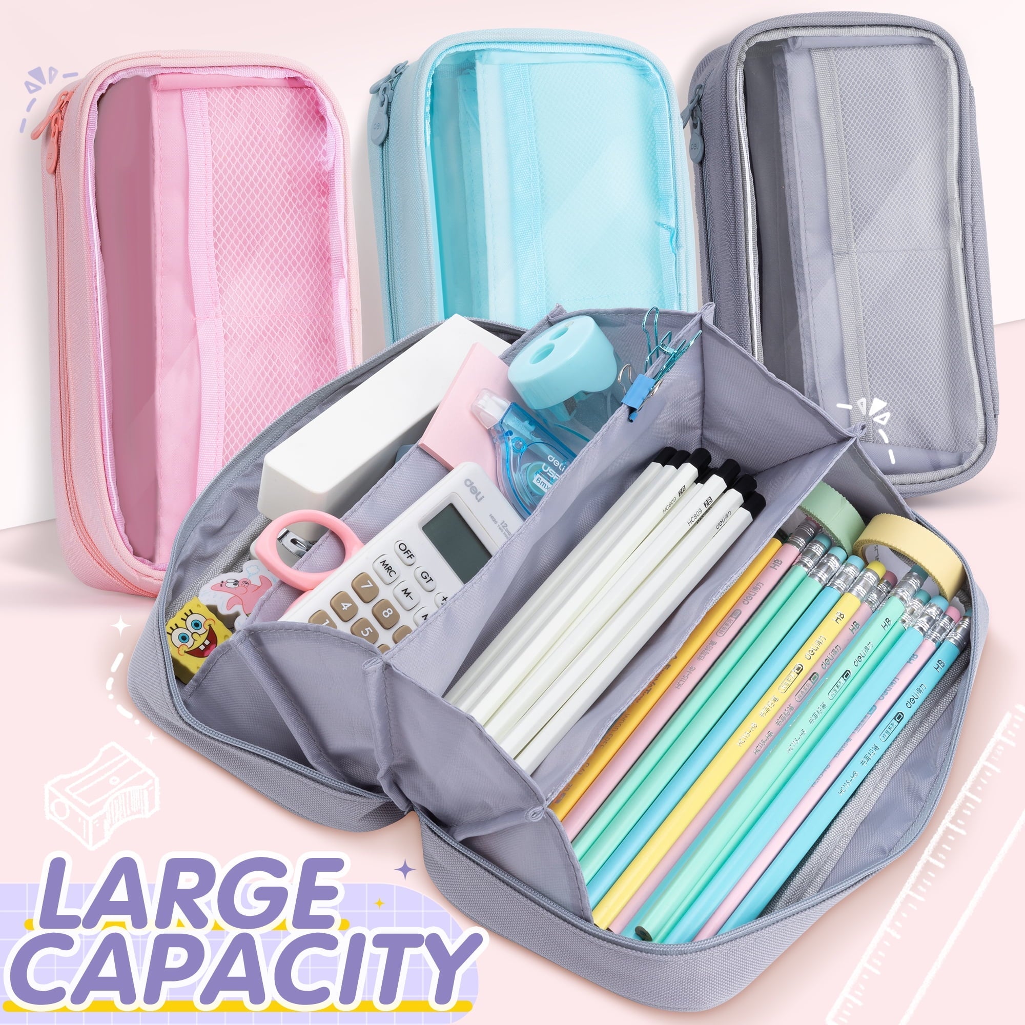Deli Foldable Pencil Pen Case Big Capacity Pencil Pouch Large Pencil Bag Makeup Bag for Teen Boys Girls School Students, Grey