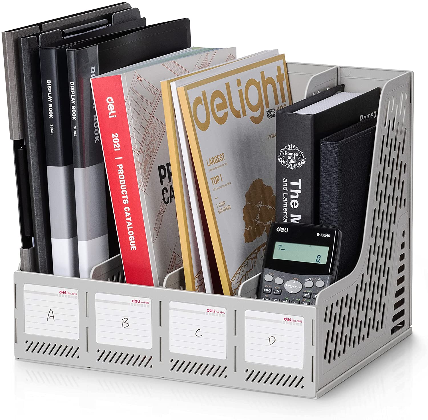 Deli Magazine File Book Holder Desktop Organizer , 4 Compartments, Plastic, Gray