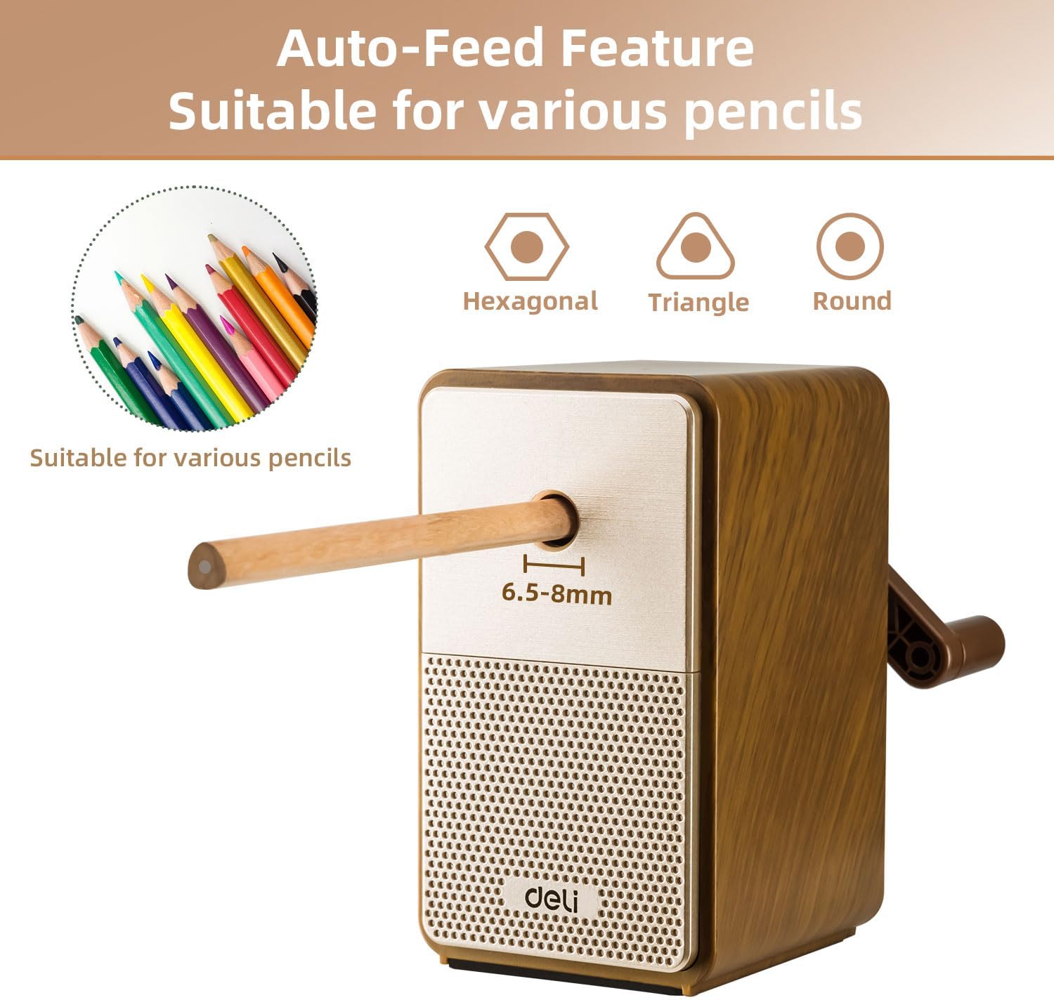 Deli Manual Pencil Sharpener - Auto-in Hand Crank with Adjustable Point for Colored Pencils, Kids, Students, Classroom, Home and Office, Brown