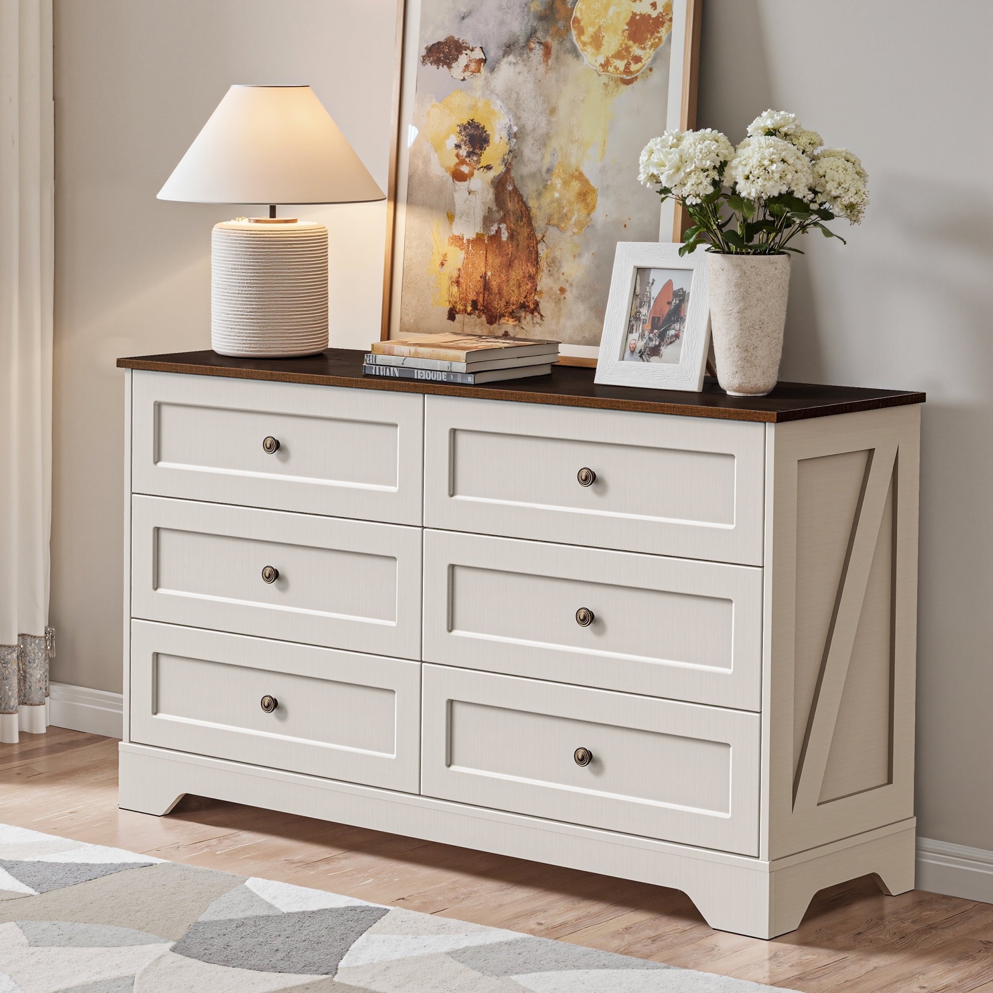 Farmhouse 6-Drawer Dresser, 52" White Wooden Chest of Drawers with Vintage Metal Handles, Large Bedroom Storage Organizer Cabinet, Rustic TV Stand for Living Room & Hallway