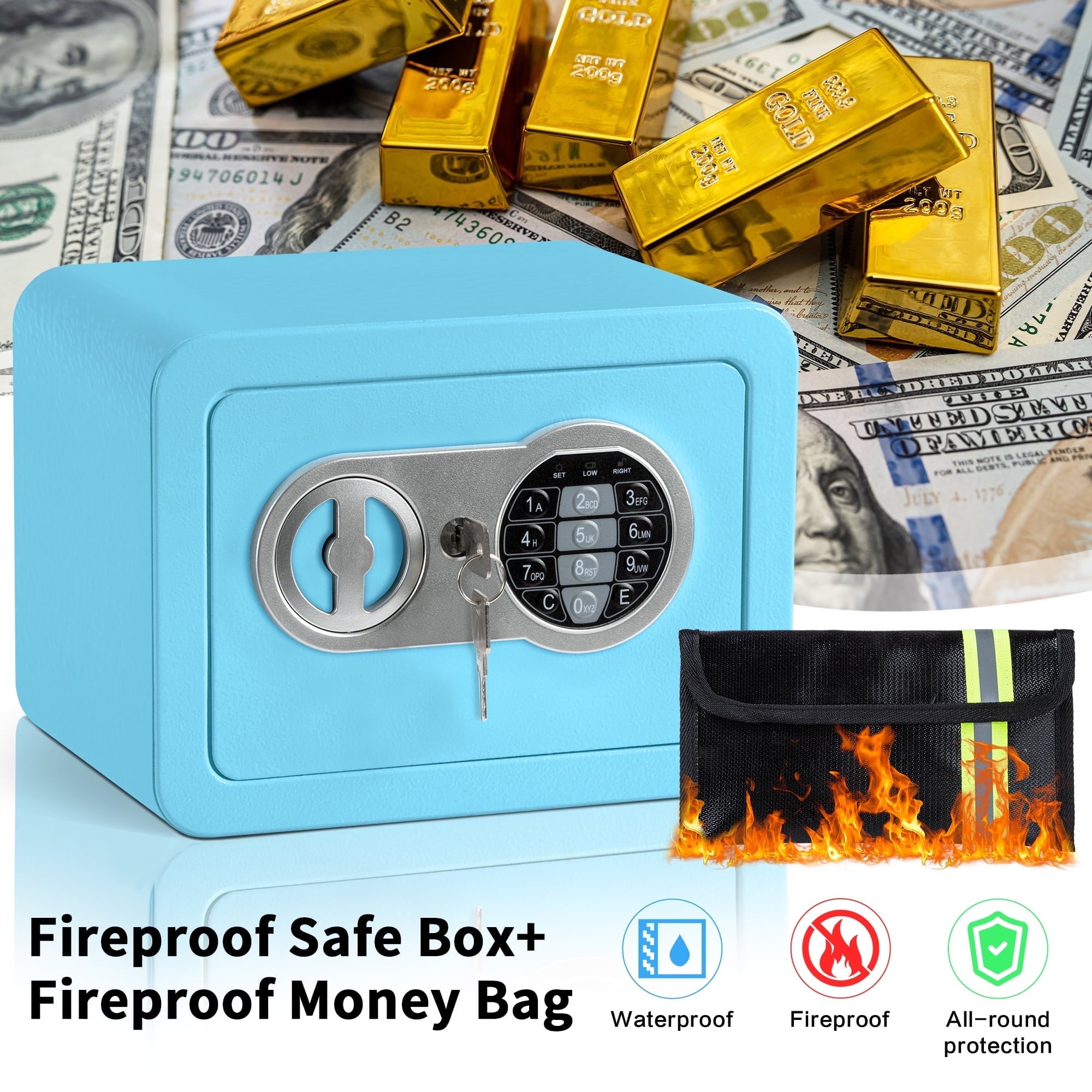 LOCKSWORTH 0.2 Cubic Feet Electronic Digital Safe Box, Steel Money Safe Box for Home with Fireproof Money Bag for Cash Safe Hidden, Blue