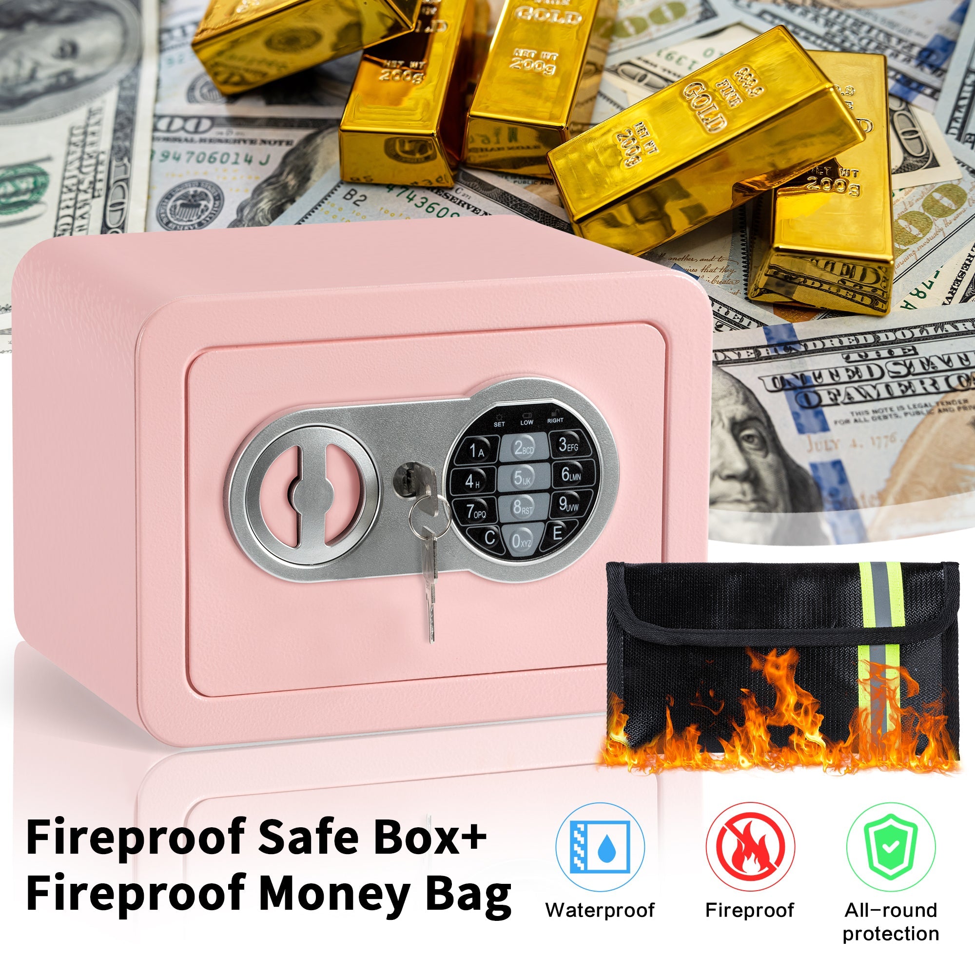 Locksworth Fireproof Safe Box with Electronic Lock, 9" x 6.6" x 6.5", Pink
