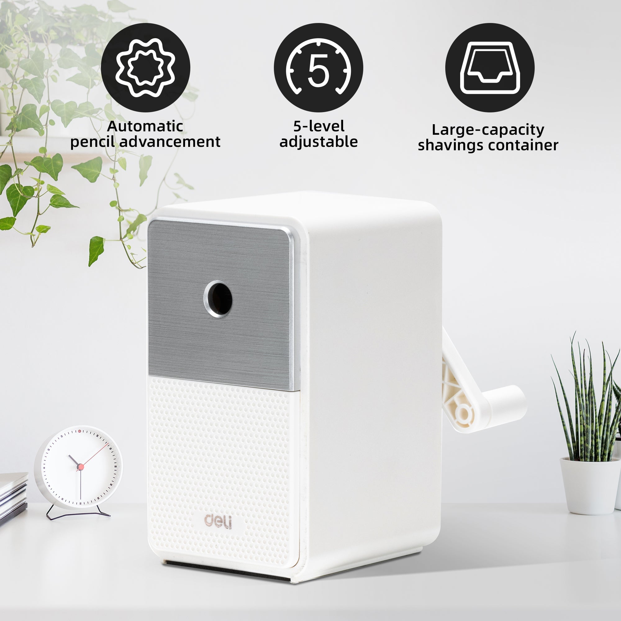 Deli Manual Pencil Sharpener - Auto-in Hand Crank with Adjustable Point, Stronger Helical Blade to Fast Sharpen, Home and Office, White