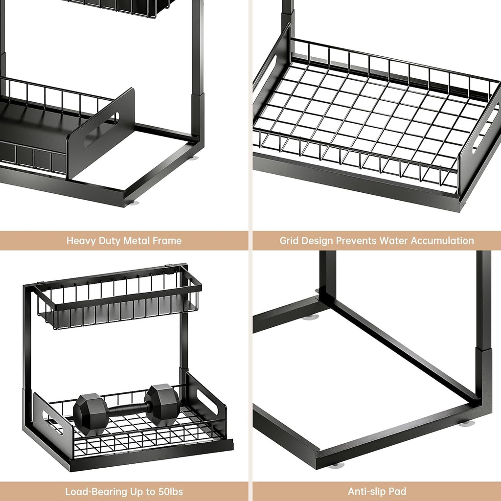 VUSIGN Under Kitchen Sink Organizer 2 Tier, Pull Out Under Sink Organizers and Storage, Bathroom Cabinet Kitchen Organization Storage Shelf, 1 Pack Black