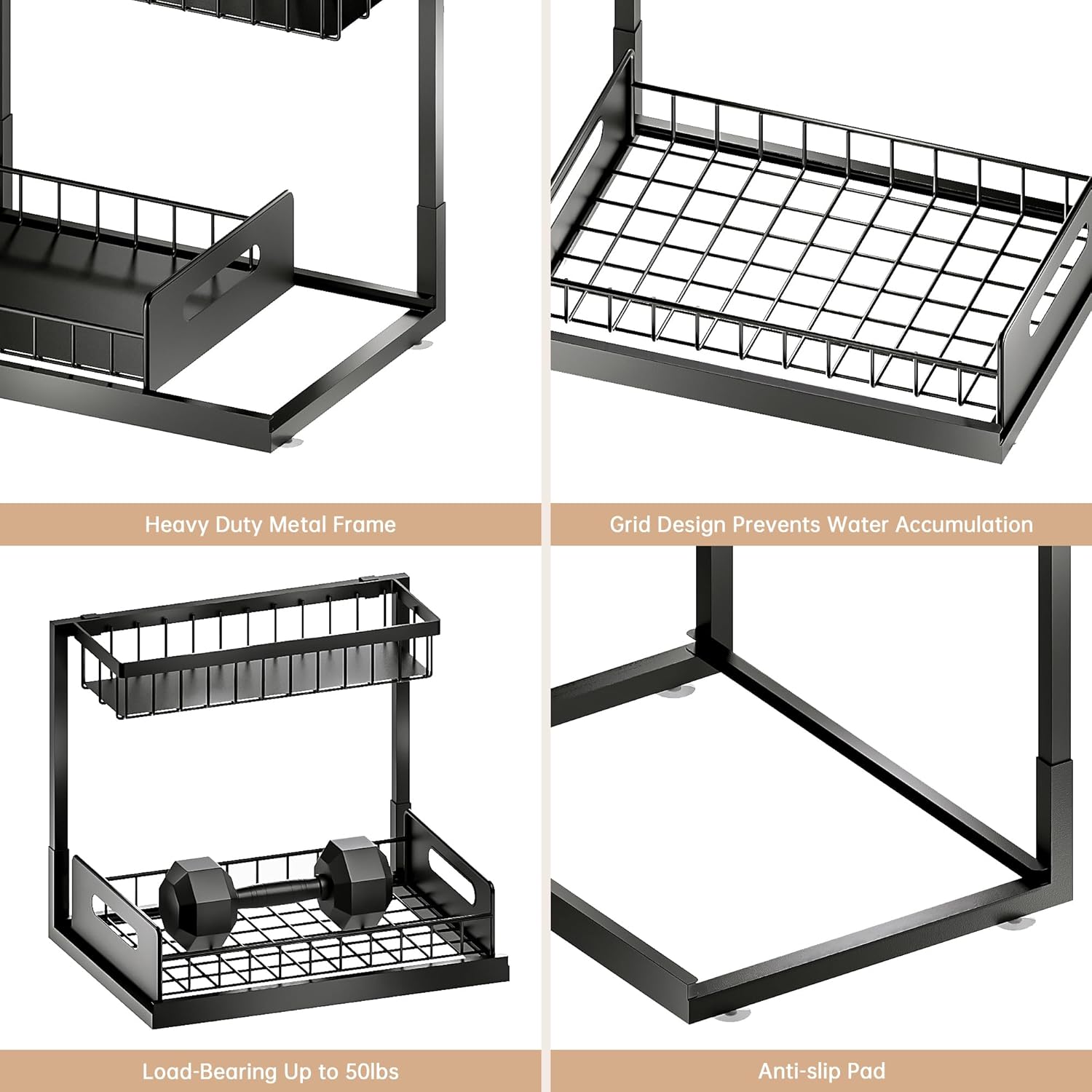 VUSIGN Under Kitchen Sink Organizer 2 Tier, Pull Out Under Sink Organizers and Storage, Bathroom Cabinet Kitchen Organization Storage Shelf, 1 Pack Black