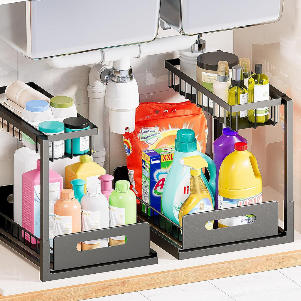 VUSIGN Under Sink Organizers Storage, 2 Tier Under Cabinet Organizer Shelf, Pull Out Kitchen Bathroom Sink Organizer Storage Organization, 2 Pack White