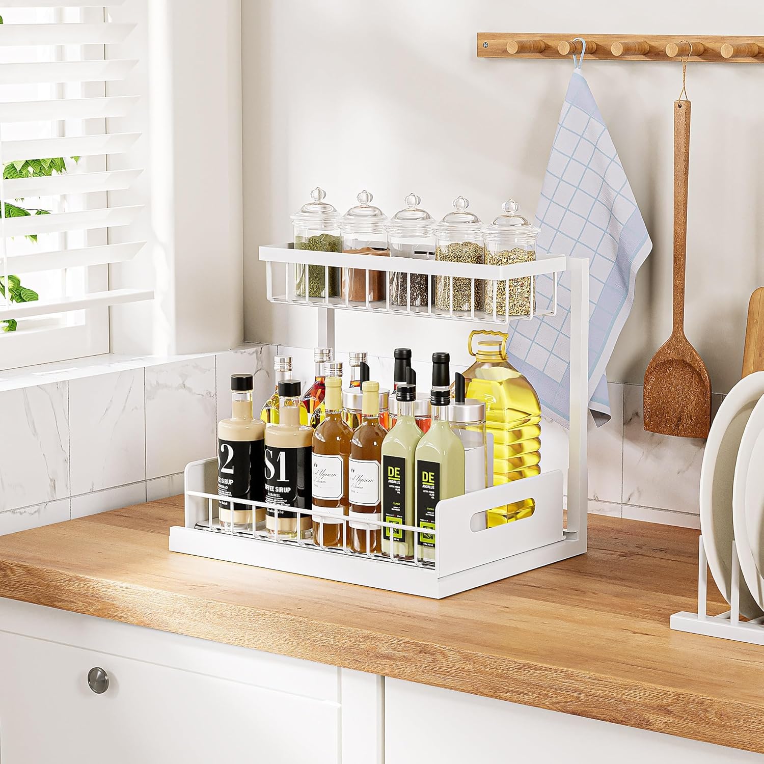 VUSIGN Under Sink Organizers Storage, 2 Tier Under Cabinet Organizer Shelf, Pull Out Kitchen Bathroom Sink Organizer Storage Organization, 2 Pack White