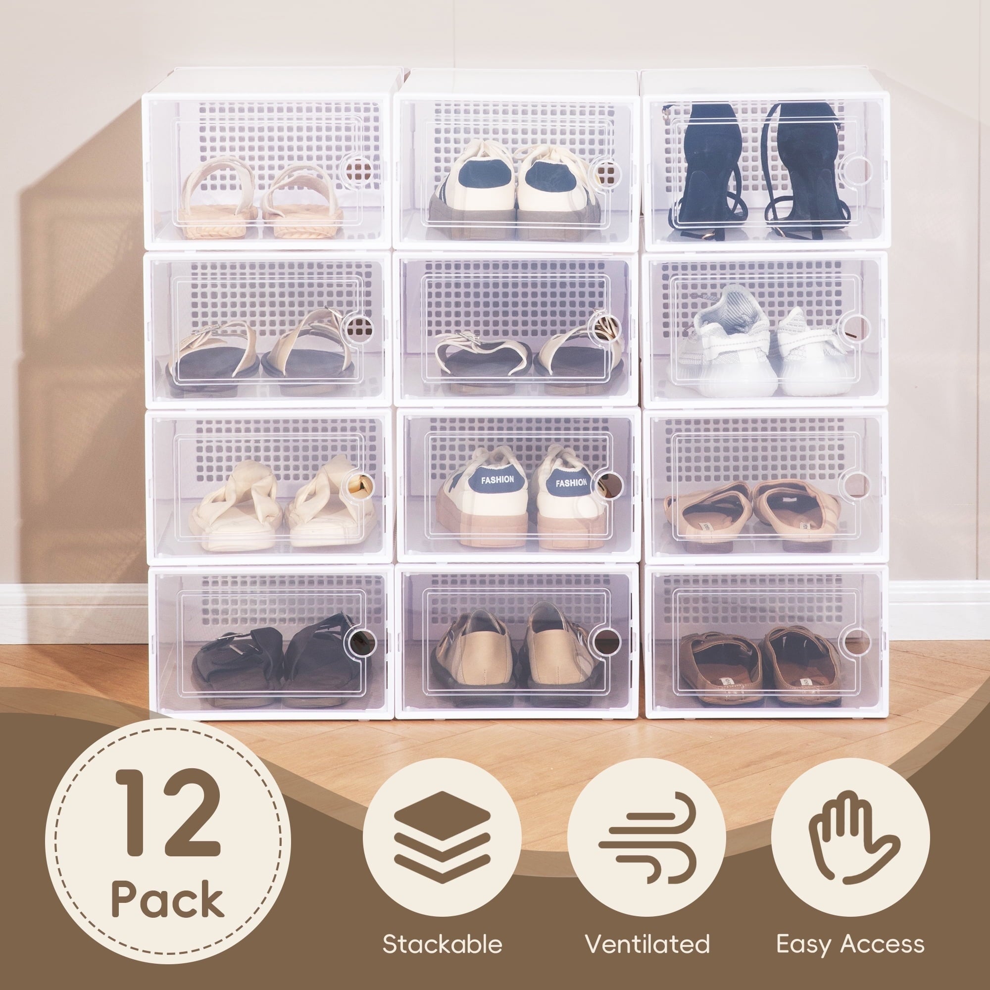 VUSIGN X Large 12 Pack Shoe Storage Box, Clear Plastic Stackable Shoe Organizer for Closet, Space Saving Foldable Shoe Rack Sneaker Container Bin Holder