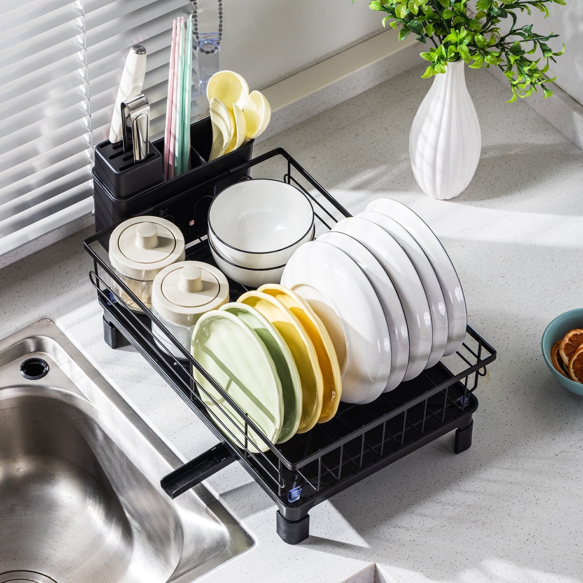 VUSIGN Dish Drying Rack - Space-Saving Dish Rack,Dish Racks for Kitchen Counter with Drainboard, Rustproof Dish Drainer with a Removable 4-Compartment Utensil Holder,Black