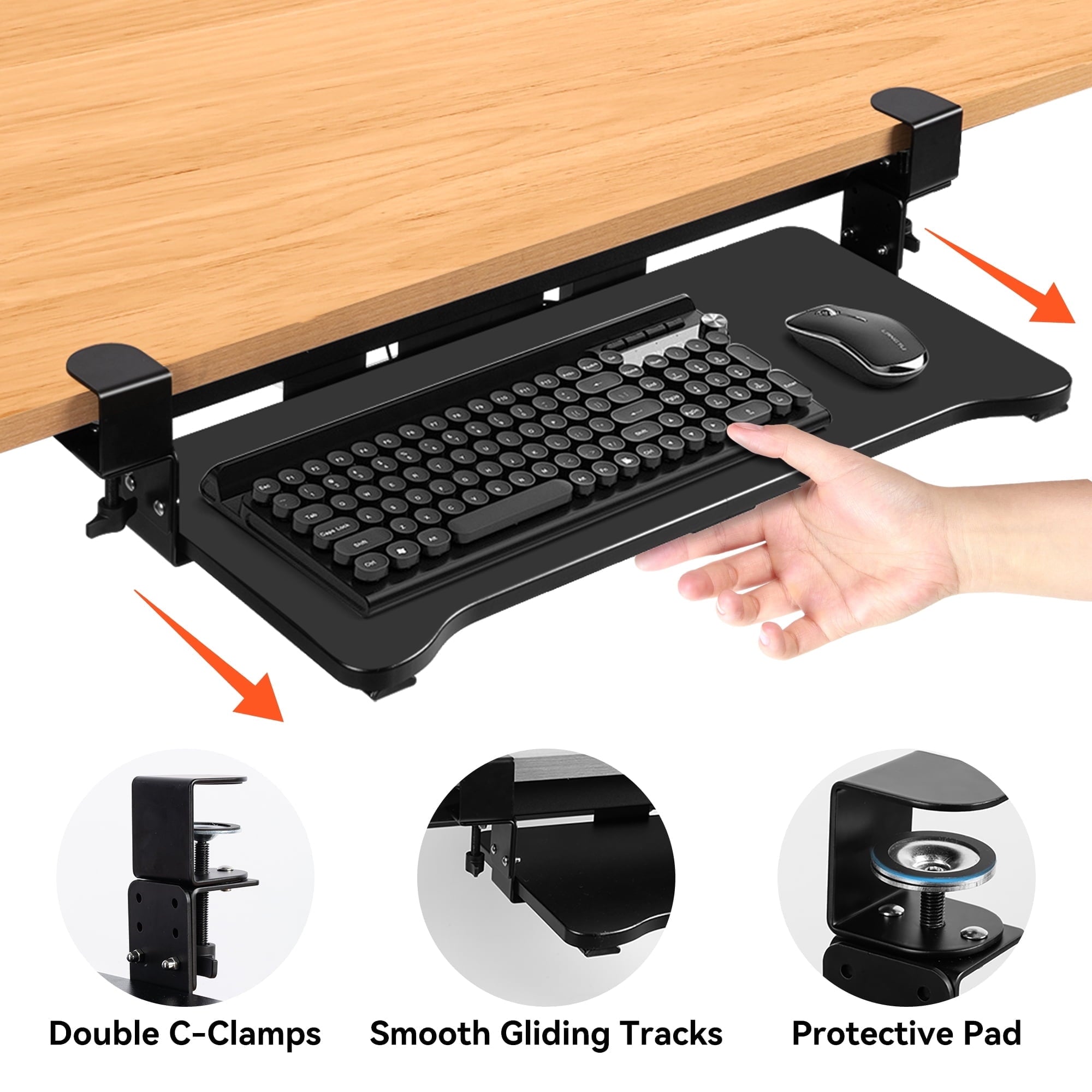 VUSIGN Keyboard Tray Under Desk, Height Adjustable, 26.4” x 11.8” Pull Out with C Clamp for L Shape Table, Black