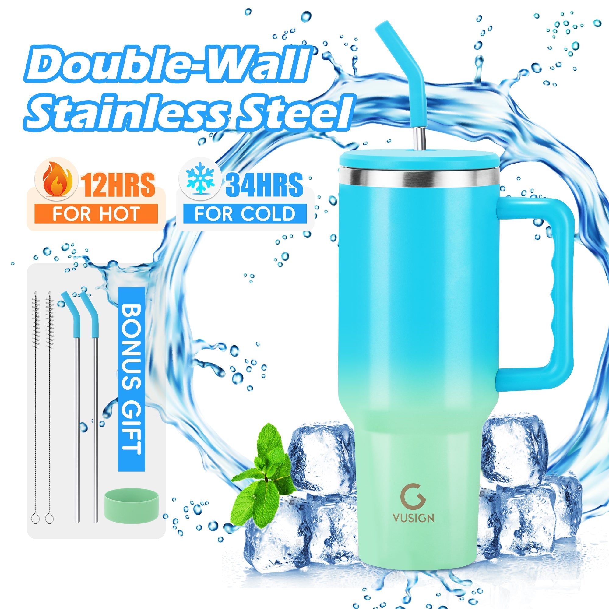 Vusign 40 oz Blue Insulated Stainless Steel Tumbler