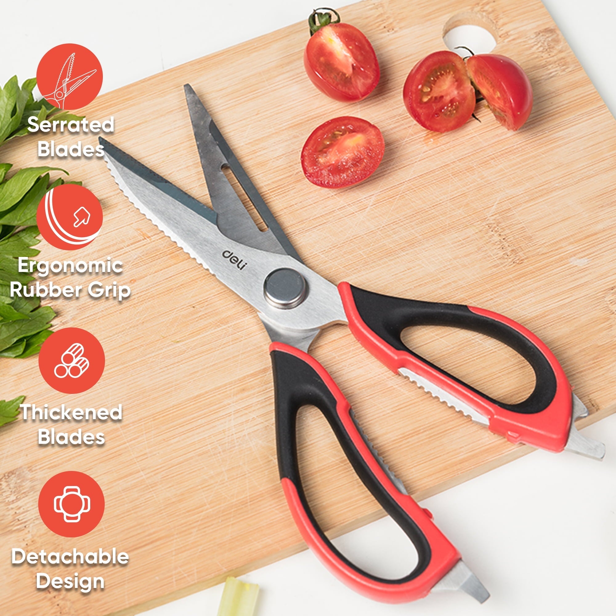 Deli 4-in-1 Kitchen Scissors Ultra-Sharp Premium Stainless Steel Multi Purpose Poultry Shears for Chicken, Poultry, Fish, Meat, Vegetables, Herbs, Bottle opener, Nuts Cracker