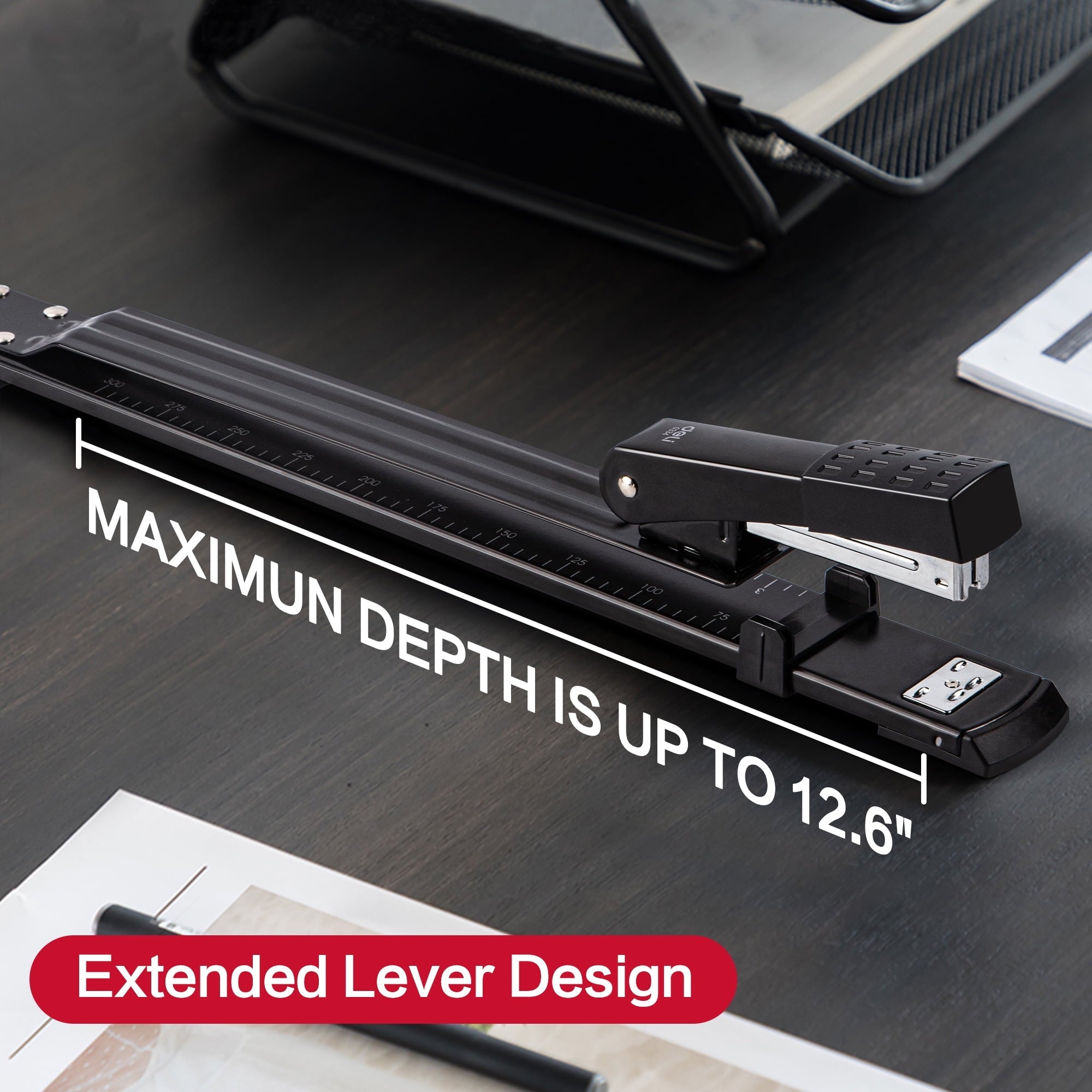 Deli Long Reach 20 Sheet Stapler with 1000 Staples, Long Arm Standard Staplers for Booklet or Book Binding, Black