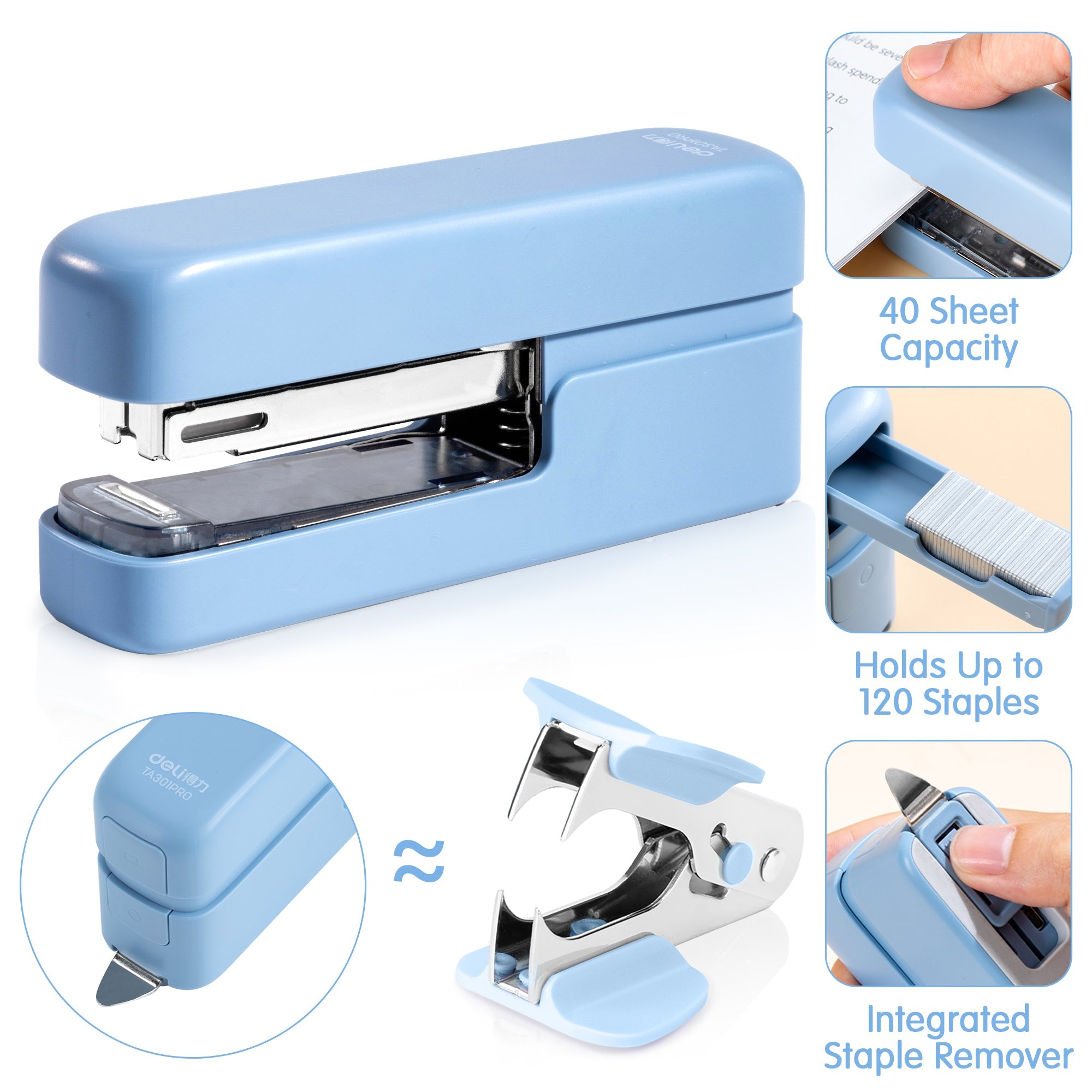 Deli 40 Sheet Stapler, Desktop Staplers with Integrated Staple Remover, Office Stapler, Blue