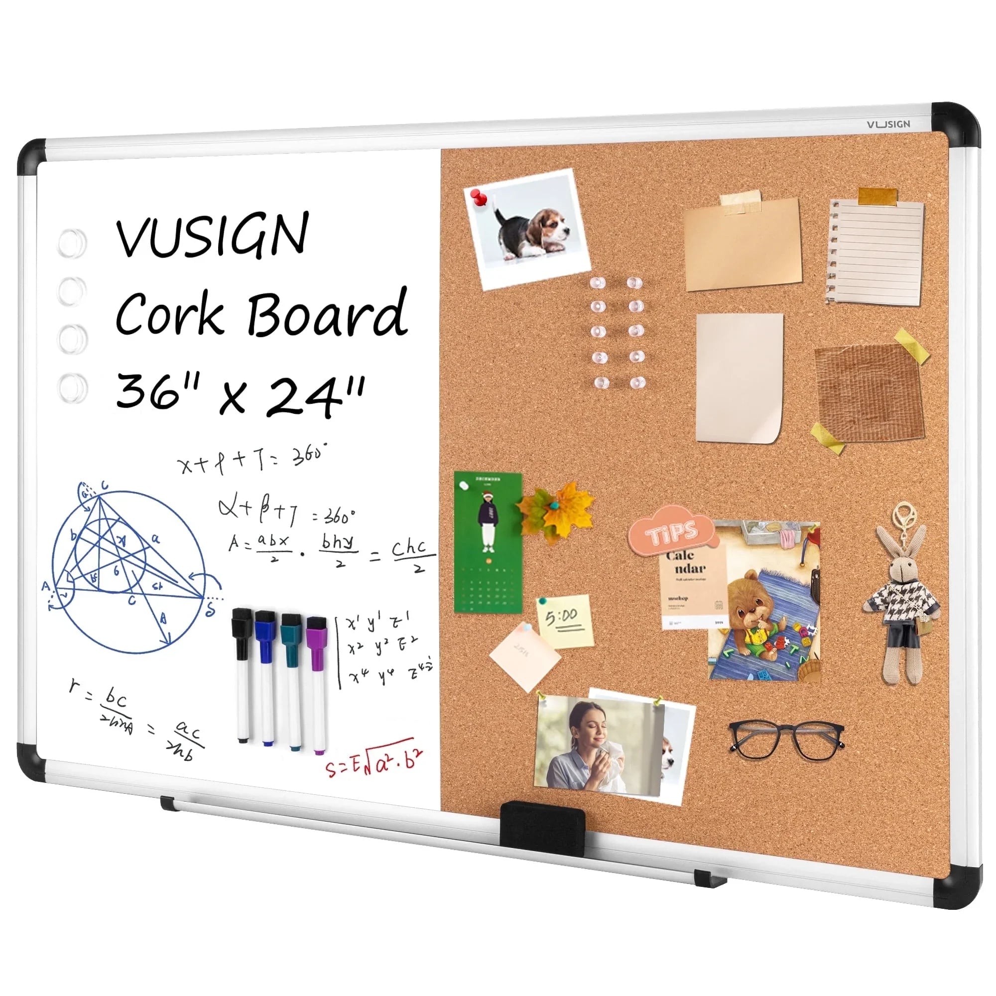 VUSIGN 2 in 1 Combo Whiteboard for Wall Magnetic Dry Erase Board Cork Combination Board 24" x 36" School Supplies