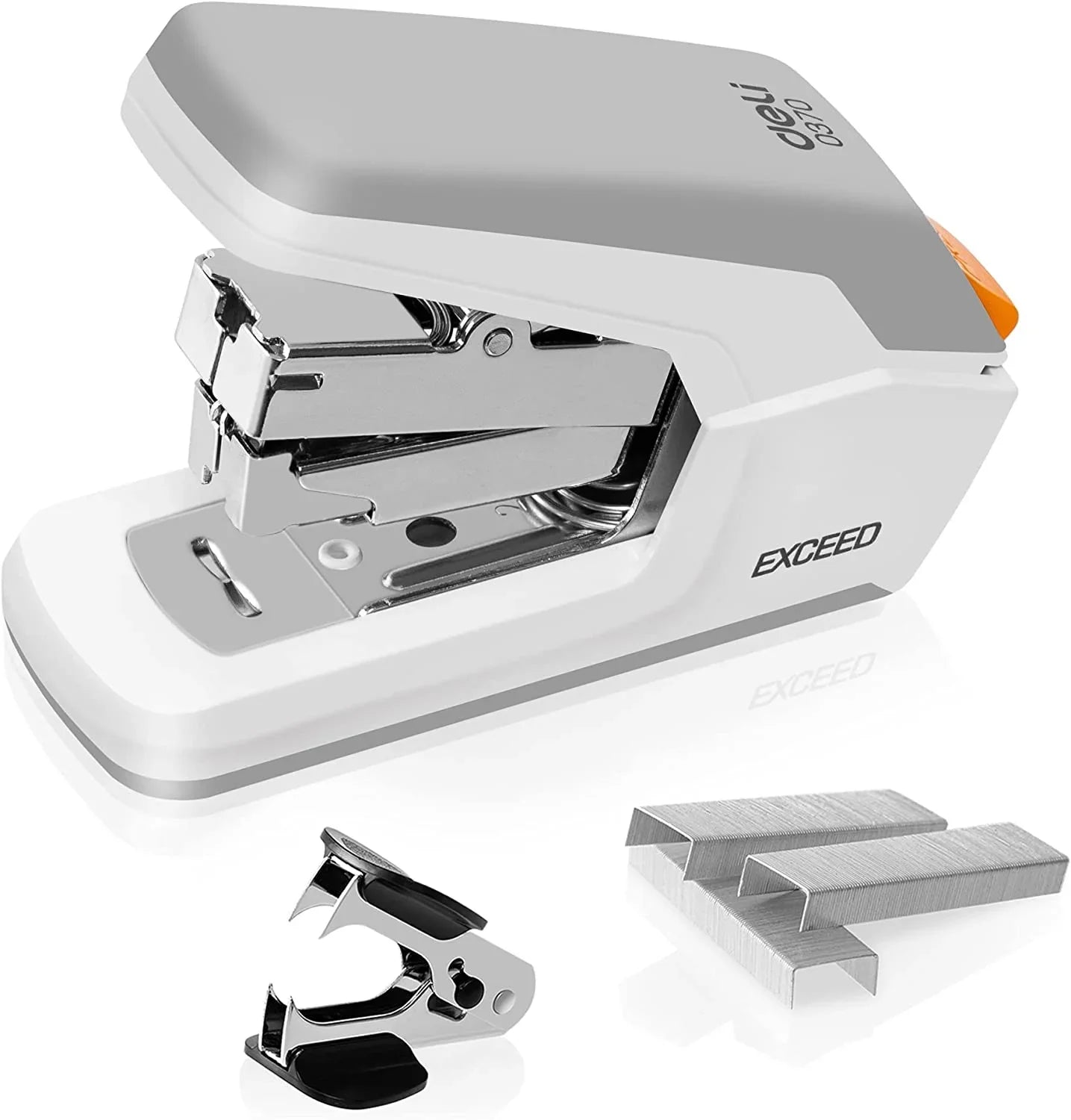 Deli Effortless Desktop Stapler, Standard Stapler, 25 Sheet Capacity, One Finger, No Effort, Includes Staples & Staple Remover, White