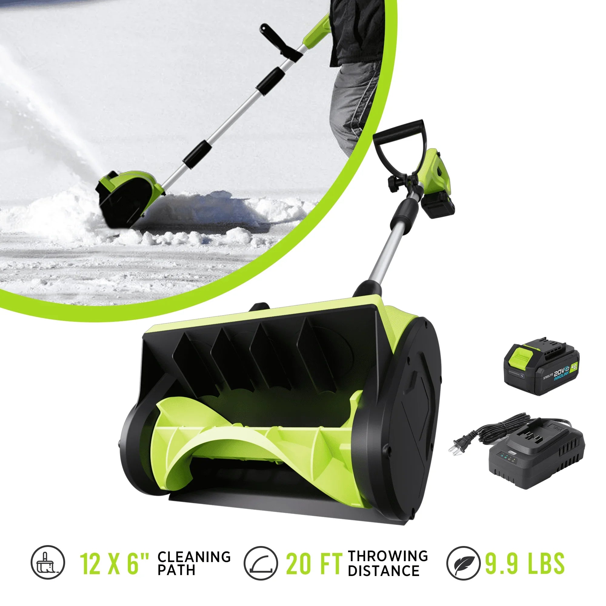 Steelite 21V 12 Inch Cordless Snow Shovel,  Battery Powered Snow Blower with Directional Plate & Adjustable Front Handle,4.0-Ah Battery & Quick Charger Included